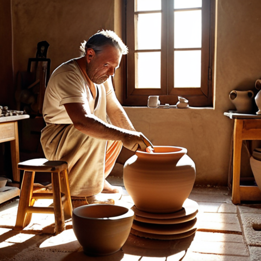 **A skilled artisan in a Tuscan workshop meticulously shaping clay on a pottery wheel, sunlight streaming through the window highlighting the delicate curves of a developing vase, various ceramic tools scattered around.**