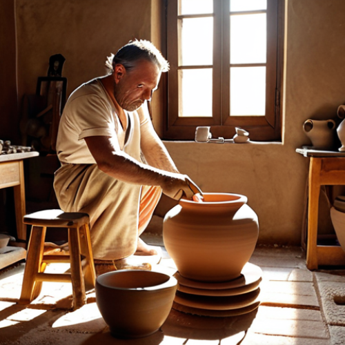 Home 11 **A skilled artisan in a Tuscan workshop meticulously shaping clay on a pottery wheel, sunlight streaming through the window highlighting the delicate curves of a developing vase, various ceramic tools scattered around.**