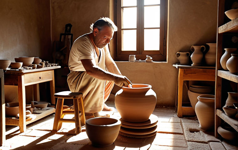 **A skilled artisan in a Tuscan workshop meticulously shaping clay on a pottery wheel, sunlight streaming through the window highlighting the delicate curves of a developing vase, various ceramic tools scattered around.**