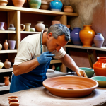 **

A vibrant Italian ceramics workshop. A potter passionately shapes clay on a wheel, surrounded by colorful glazed pottery. In the background, apprentices are working, and finished pieces are displayed. Showcase the artistry and tradition of Italian ceramics.

**