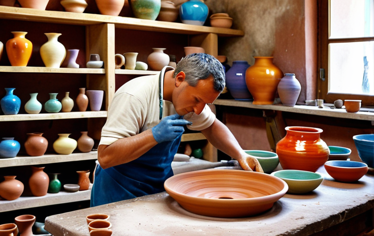**
A vibrant Italian ceramics workshop. A potter passionately shapes clay on a wheel, surrounded by colorful glazed pottery. In the background, apprentices are working, and finished pieces are displayed. Showcase the artistry and tradition of Italian ceramics.
**