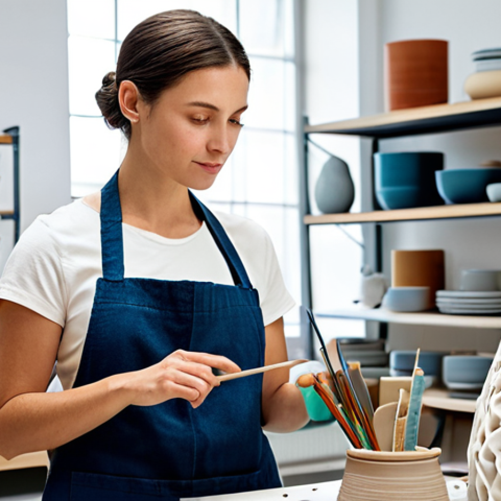A professional female ceramic artist in a modest studio apron over appropriate casual attire, standing in a brightly lit, modern ceramic studio. She is meticulously examining a uniquely complex, intricate ceramic sculpture, possibly with subtle parametric design elements, that stands on a workbench. In the background, a high-tech 3D clay printer and shelves filled with innovative, sustainable ceramic pieces are visible. The atmosphere is focused and creative. This is a high-resolution professional photograph with sharp focus, showcasing intricate details and realistic textures. fully clothed, modest clothing, appropriate attire, professional dress, safe for work, appropriate content, perfect anatomy, correct proportions, natural pose, well-formed hands, proper finger count, natural body proportions, family-friendly.