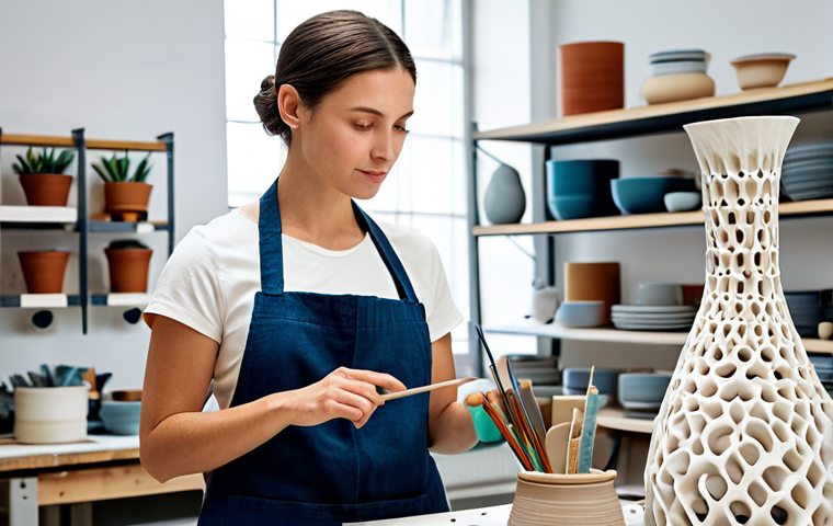 A professional female ceramic artist in a modest studio apron over appropriate casual attire, standing in a brightly lit, modern ceramic studio. She is meticulously examining a uniquely complex, intricate ceramic sculpture, possibly with subtle parametric design elements, that stands on a workbench. In the background, a high-tech 3D clay printer and shelves filled with innovative, sustainable ceramic pieces are visible. The atmosphere is focused and creative. This is a high-resolution professional photograph with sharp focus, showcasing intricate details and realistic textures. fully clothed, modest clothing, appropriate attire, professional dress, safe for work, appropriate content, perfect anatomy, correct proportions, natural pose, well-formed hands, proper finger count, natural body proportions, family-friendly.