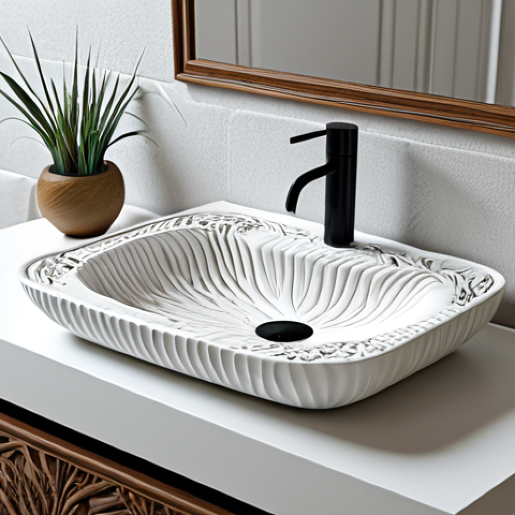 3D Printed Ceramic Washbasin**
"A modern Italian bathroom featuring a unique, custom-designed 3D printed ceramic washbasin with intricate, nature-inspired decorations. The washbasin is the focal point, showcasing complex curves and details. The bathroom is bright, clean, and stylish with neutral tones. Fully clothed person admiring the washbasin. Appropriate content, safe for work, perfect anatomy, natural proportions, professional photography, high quality, modest, family-friendly."
**