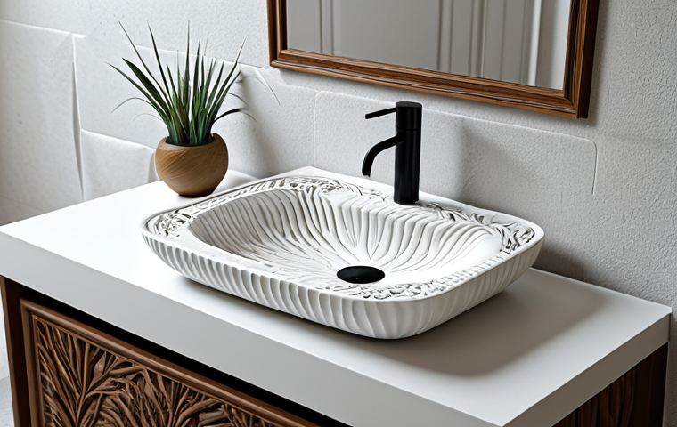 3D Printed Ceramic Washbasin**
"A modern Italian bathroom featuring a unique, custom-designed 3D printed ceramic washbasin with intricate, nature-inspired decorations. The washbasin is the focal point, showcasing complex curves and details. The bathroom is bright, clean, and stylish with neutral tones. Fully clothed person admiring the washbasin. Appropriate content, safe for work, perfect anatomy, natural proportions, professional photography, high quality, modest, family-friendly."
**