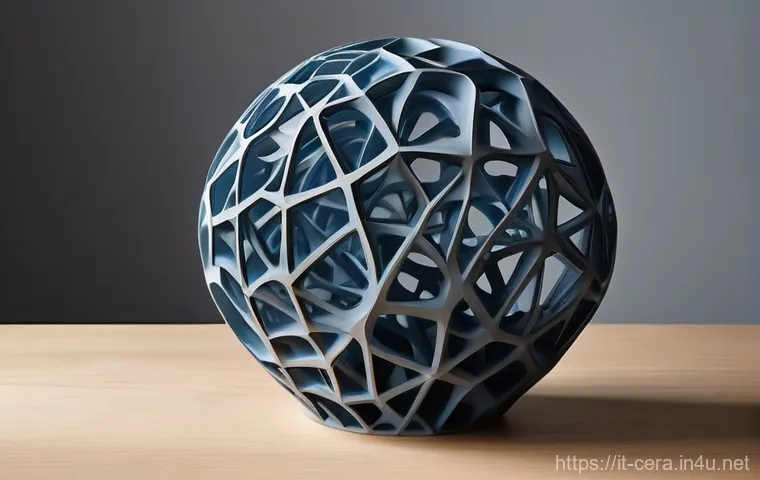 미술세라믹 실무 트렌드 - **Prompt:** A sleek and futuristic 3D-printed ceramic sculpture, showcasing impossibly intricate, gr...