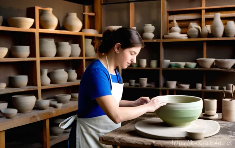 미술세라믹 분야 경력 쌓기 - **The Aspiring Ceramist's Journey in a Traditional Studio**
    A warmly lit, rustic ceramic studio ...