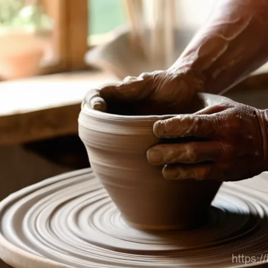 세라믹 프로젝트 사례 - **Prompt:** A serene and intimate close-up of an adult's hands, covered in wet, light brown clay, sk...