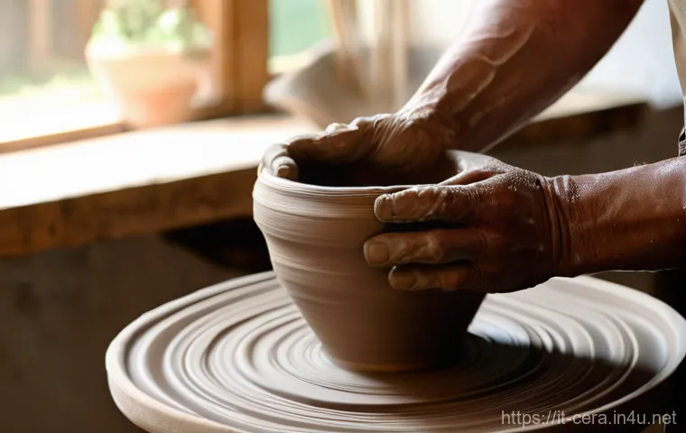 세라믹 프로젝트 사례 - **Prompt:** A serene and intimate close-up of an adult's hands, covered in wet, light brown clay, sk...