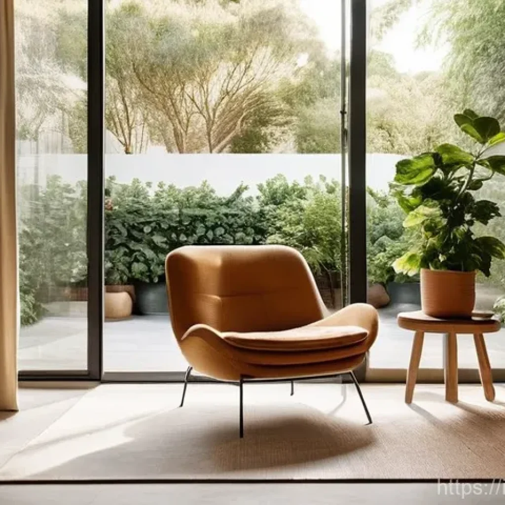 세라믹 산업 동향 - **Prompt:** A sun-drenched, tranquil living room embracing biophilic design. The floor is covered wi...