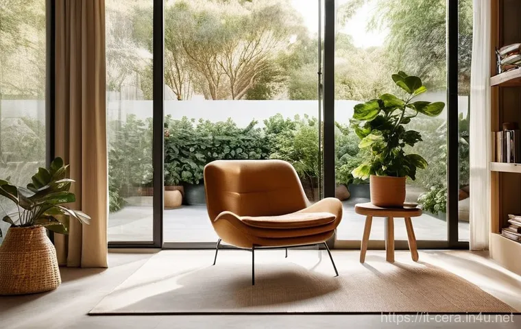 세라믹 산업 동향 - **Prompt:** A sun-drenched, tranquil living room embracing biophilic design. The floor is covered wi...