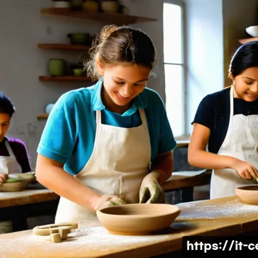 세라믹 작품 제작 실습 - **A pottery class for beginners.**
* **Description:** A brightly lit pottery studio in Florenc...