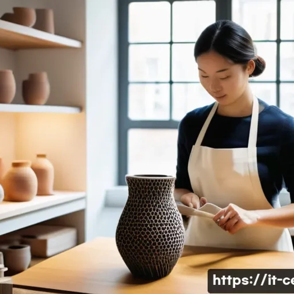 미술세라믹 이론 및 실습 - **"Ancient Soul Meets Digital Future: 3D Printed Ceramics"**
    A highly detailed, wide shot of a m...