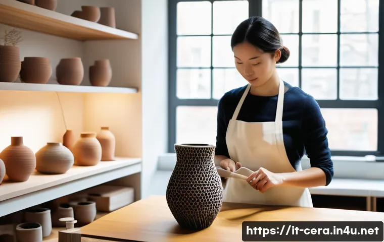미술세라믹 이론 및 실습 - **"Ancient Soul Meets Digital Future: 3D Printed Ceramics"**
A highly detailed, wide shot of a m...