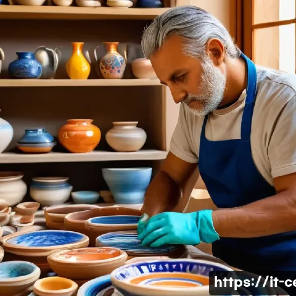 미술세라믹 분야 자격증 비교 - A skilled ceramic artist working in a bright Italian workshop, surrounded by traditional pottery whe...