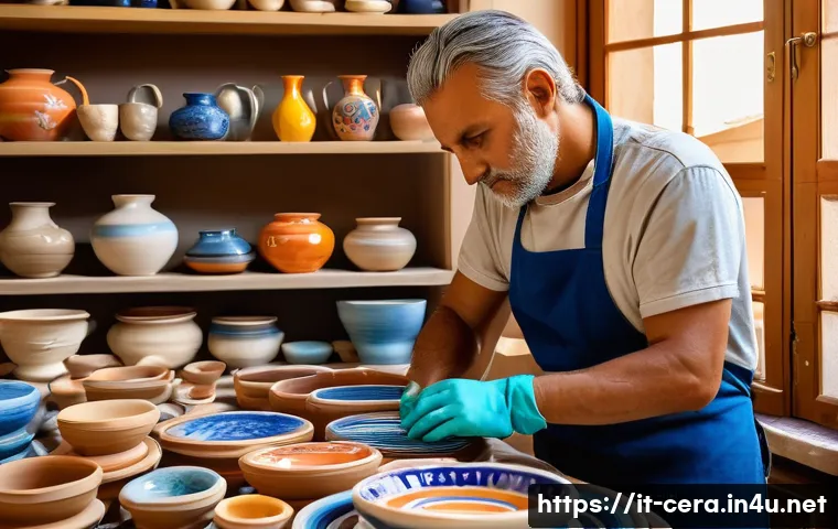 미술세라믹 분야 자격증 비교 - A skilled ceramic artist working in a bright Italian workshop, surrounded by traditional pottery whe...