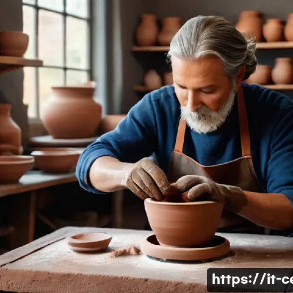 미술세라믹 직무 훈련 - A warm, traditional ceramic workshop scene showcasing a skilled artisan shaping red clay on a potter...