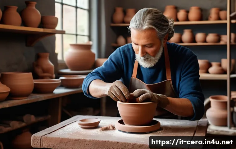 미술세라믹 직무 훈련 - A warm, traditional ceramic workshop scene showcasing a skilled artisan shaping red clay on a potter...