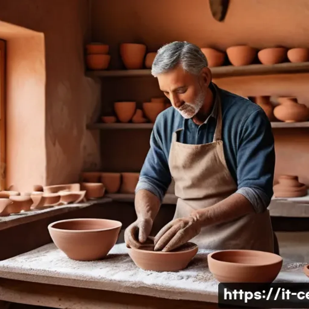 세라믹 교육 커리큘럼 - A cozy Italian ceramic workshop interior featuring an artisan shaping red clay on a traditional pott...