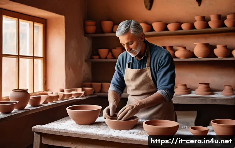 세라믹 교육 커리큘럼 - A cozy Italian ceramic workshop interior featuring an artisan shaping red clay on a traditional pott...