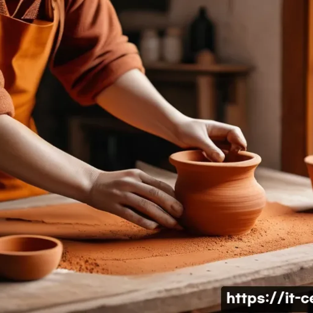 미술세라믹 창작법 - A cozy artisan pottery studio in a warm Italian home setting, featuring a rustic wooden table covere...