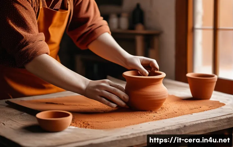 미술세라믹 창작법 - A cozy artisan pottery studio in a warm Italian home setting, featuring a rustic wooden table covere...
