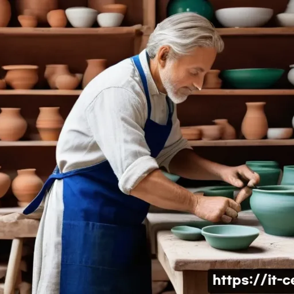 세라믹 디자인 현장 경험 - A serene ceramic workshop scene in a traditional Italian studio, showcasing a skilled artisan shapin...