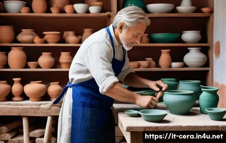 세라믹 디자인 현장 경험 - A serene ceramic workshop scene in a traditional Italian studio, showcasing a skilled artisan shapin...