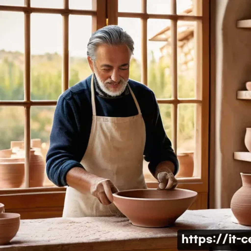 미술세라믹 전문가 연봉 - A skilled Italian ceramic artist in a bright, airy Tuscan studio, surrounded by handmade pottery pie...