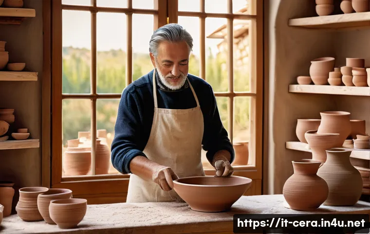 미술세라믹 전문가 연봉 - A skilled Italian ceramic artist in a bright, airy Tuscan studio, surrounded by handmade pottery pie...