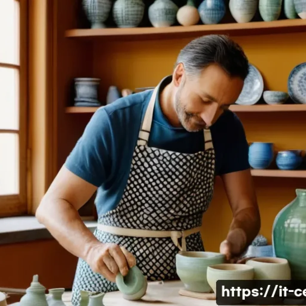 미술세라믹전문가 연봉 - A skilled Italian ceramic artist in a bright, sunlit studio in Florence, surrounded by handcrafted p...