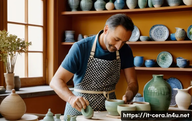 미술세라믹전문가 연봉 - A skilled Italian ceramic artist in a bright, sunlit studio in Florence, surrounded by handcrafted p...