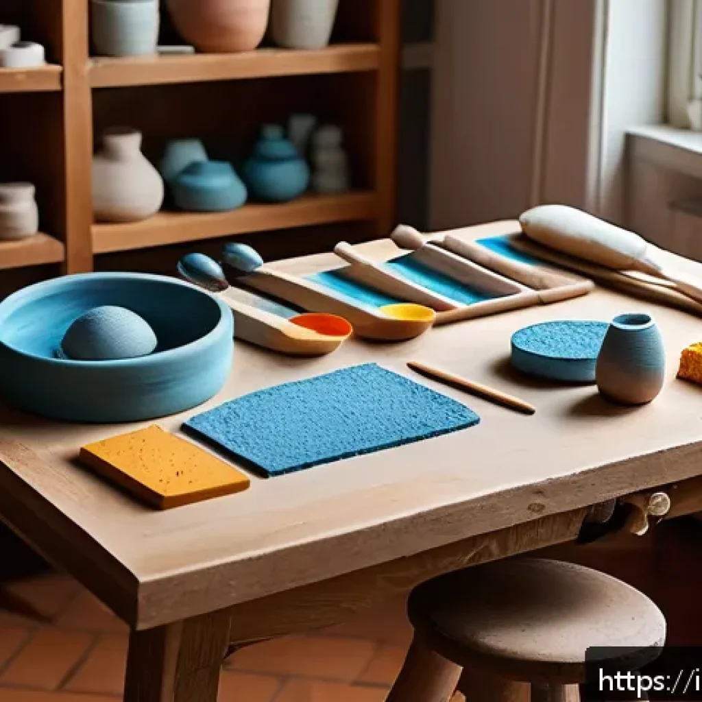 미술세라믹 실기시험 요령 - A bright, tidy artist&rsquo;s workspace focused on ceramic art, featuring an ergonomic chair and a clean w...