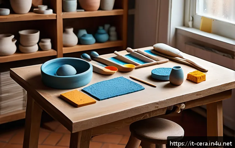 미술세라믹 실기시험 요령 - A bright, tidy artist&rsquo;s workspace focused on ceramic art, featuring an ergonomic chair and a clean w...
