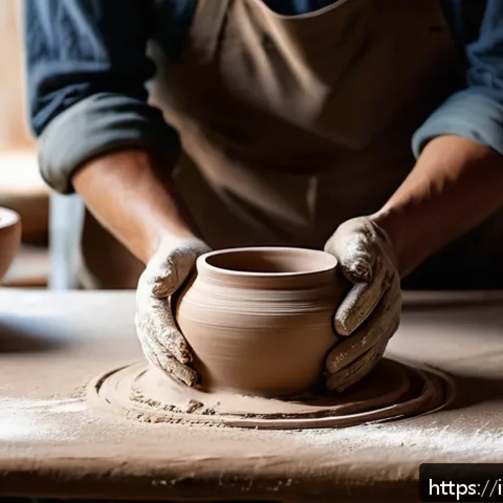 미술세라믹 작품 제작 단계 - A serene pottery studio scene focused on an artisan kneading smooth white clay by hand on a wooden t...