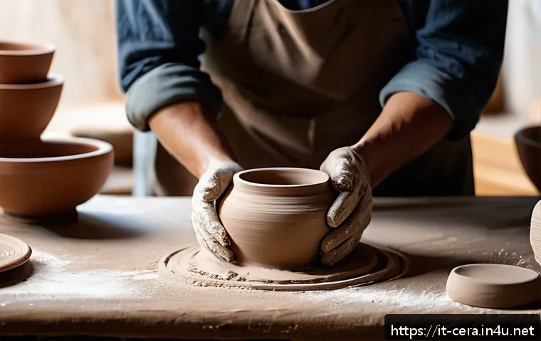 미술세라믹 작품 제작 단계 - A serene pottery studio scene focused on an artisan kneading smooth white clay by hand on a wooden t...