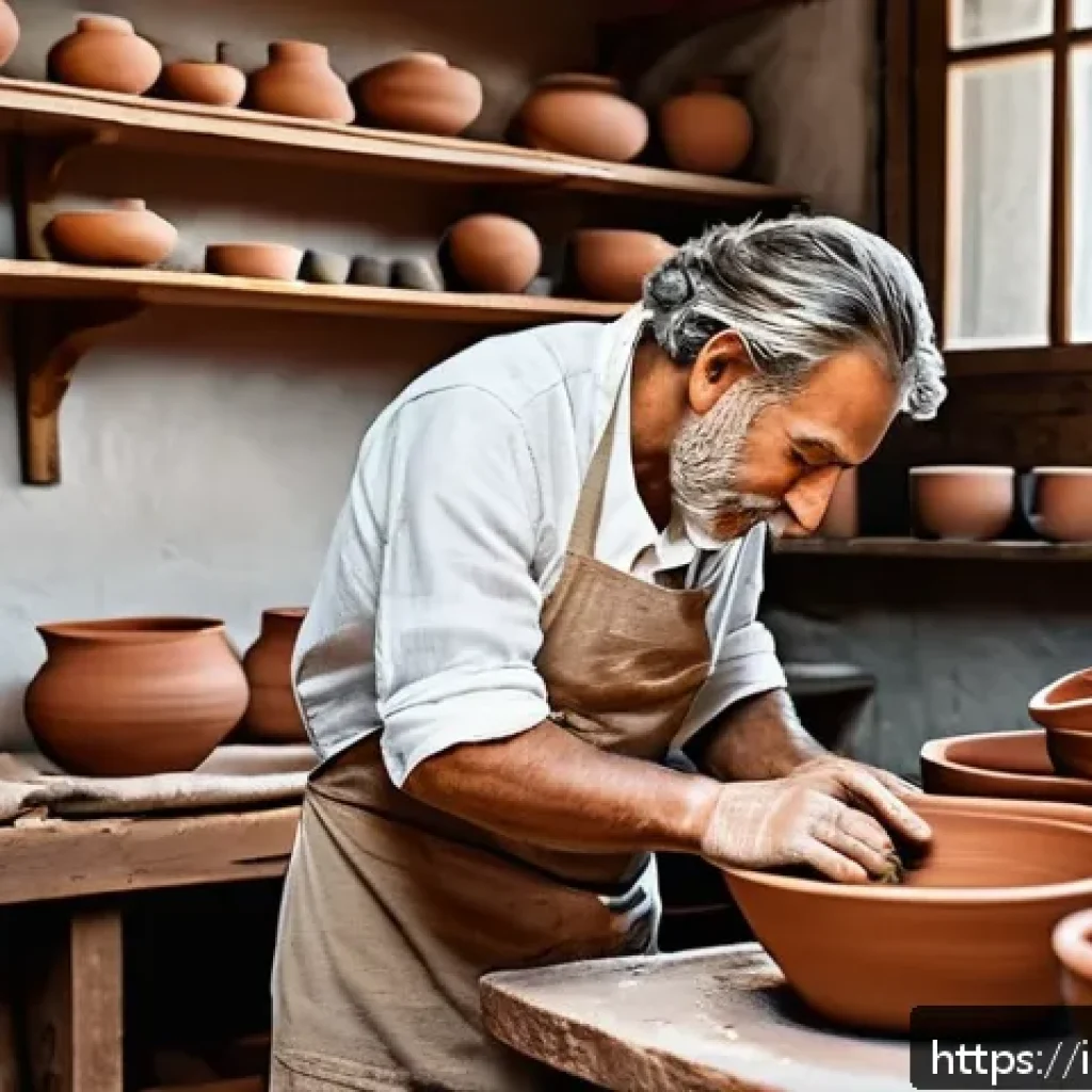 세라믹 전문가 업무일기 - A cozy artisan pottery workshop scene in Italy, featuring a skilled craftsman shaping red clay on a ...