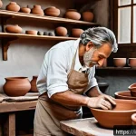 Home 22 세라믹 전문가 업무일기 - A cozy artisan pottery workshop scene in Italy, featuring a skilled craftsman shaping red clay on a ...
