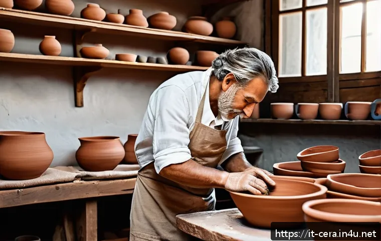 세라믹 전문가 업무일기 - A cozy artisan pottery workshop scene in Italy, featuring a skilled craftsman shaping red clay on a ...