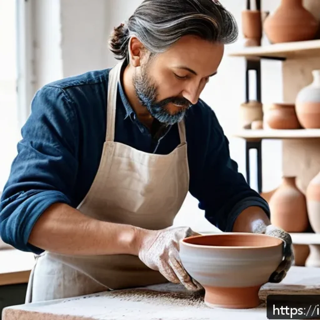 세라믹 전문 교육 과정 - A skilled ceramic artist working at a traditional potter&rsquo;s wheel in a bright, spacious Italian studi...