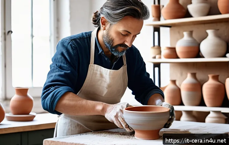 세라믹 전문 교육 과정 - A skilled ceramic artist working at a traditional potter’s wheel in a bright, spacious Italian studi...