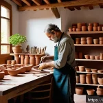 Home 20 미술세라믹 실무 스킬 향상법 - A cozy ceramic art studio in Italy, featuring a wooden workbench cluttered with terracotta clay piec...