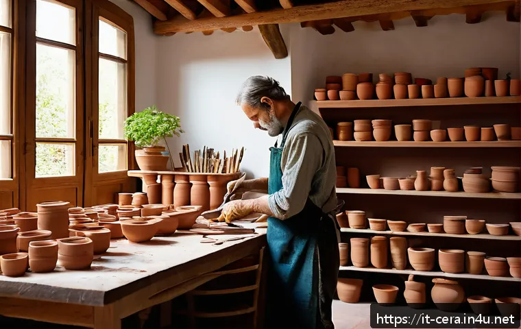 미술세라믹 실무 스킬 향상법 - A cozy ceramic art studio in Italy, featuring a wooden workbench cluttered with terracotta clay piec...