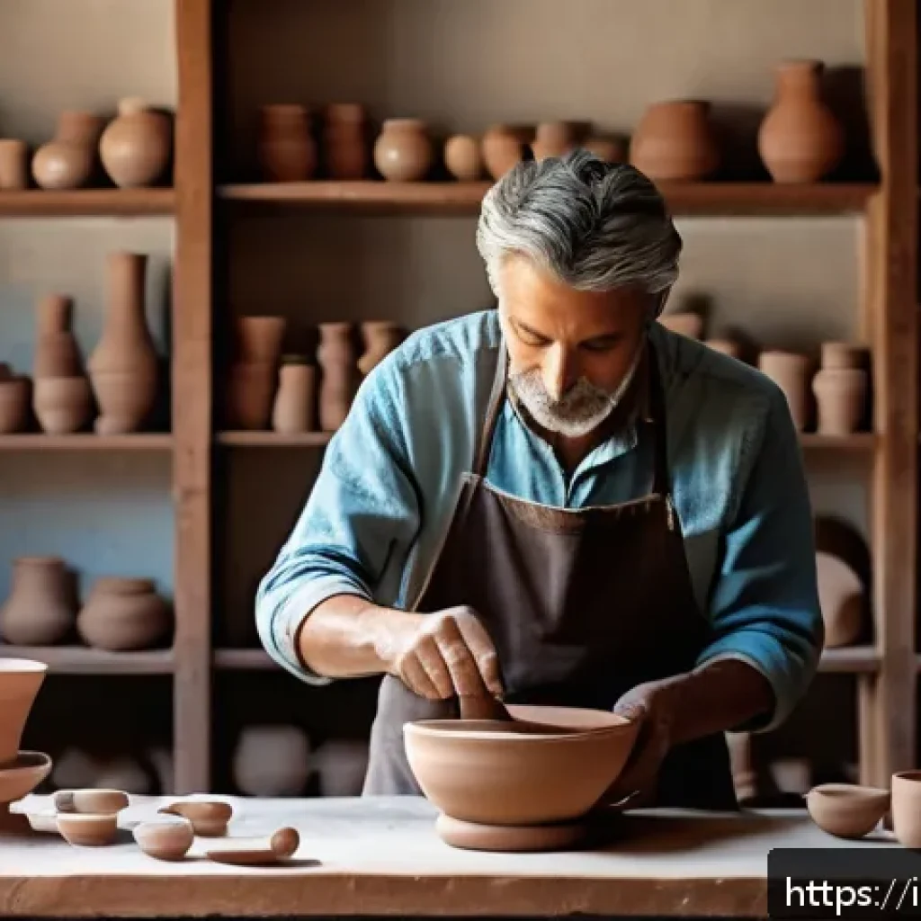 미술세라믹 전문 커뮤니티 - A skilled Italian ceramic artist working on a traditional pottery wheel in a sunlit artisan studio, ...
