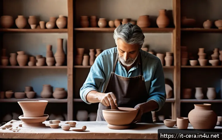 미술세라믹 전문 커뮤니티 - A skilled Italian ceramic artist working on a traditional pottery wheel in a sunlit artisan studio, ...