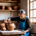 Home 23 세라믹 디자인 제작 과정 - A serene artisan’s pottery studio in Italy, showcasing a skilled ceramic artist shaping wet clay on ...