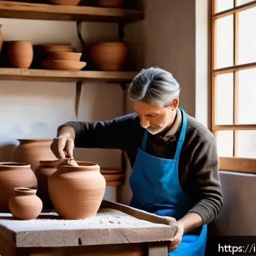 Home 17 세라믹 디자인 제작 과정 - A serene artisan’s pottery studio in Italy, showcasing a skilled ceramic artist shaping wet clay on ...