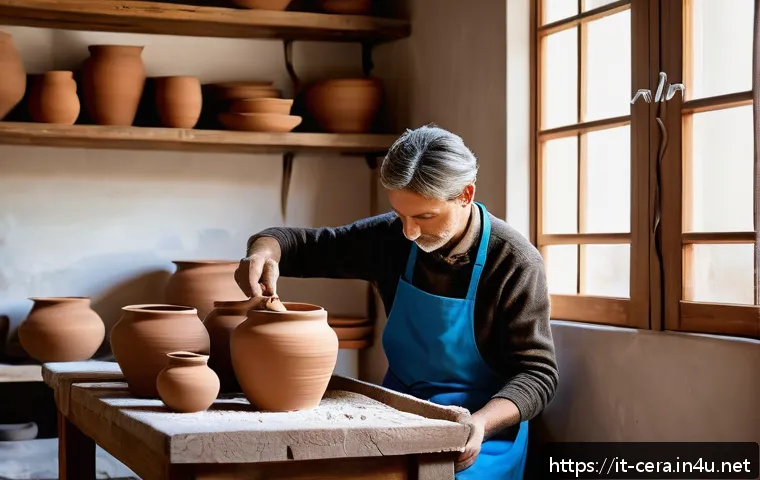 세라믹 디자인 제작 과정 - A serene artisan’s pottery studio in Italy, showcasing a skilled ceramic artist shaping wet clay on ...