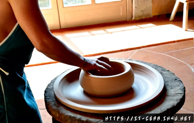 Home 17 세라믹 전문 기술 교육 - Photorealistic Italian ceramic arts training workshop in Faenza, an adult student wearing protective...